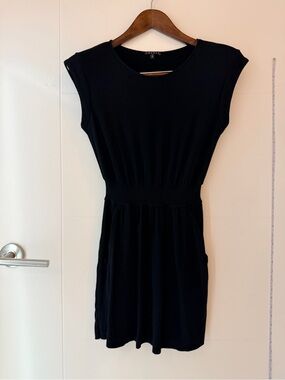 Theory Black Short-Sleeve Waist-Defined Mini Dress